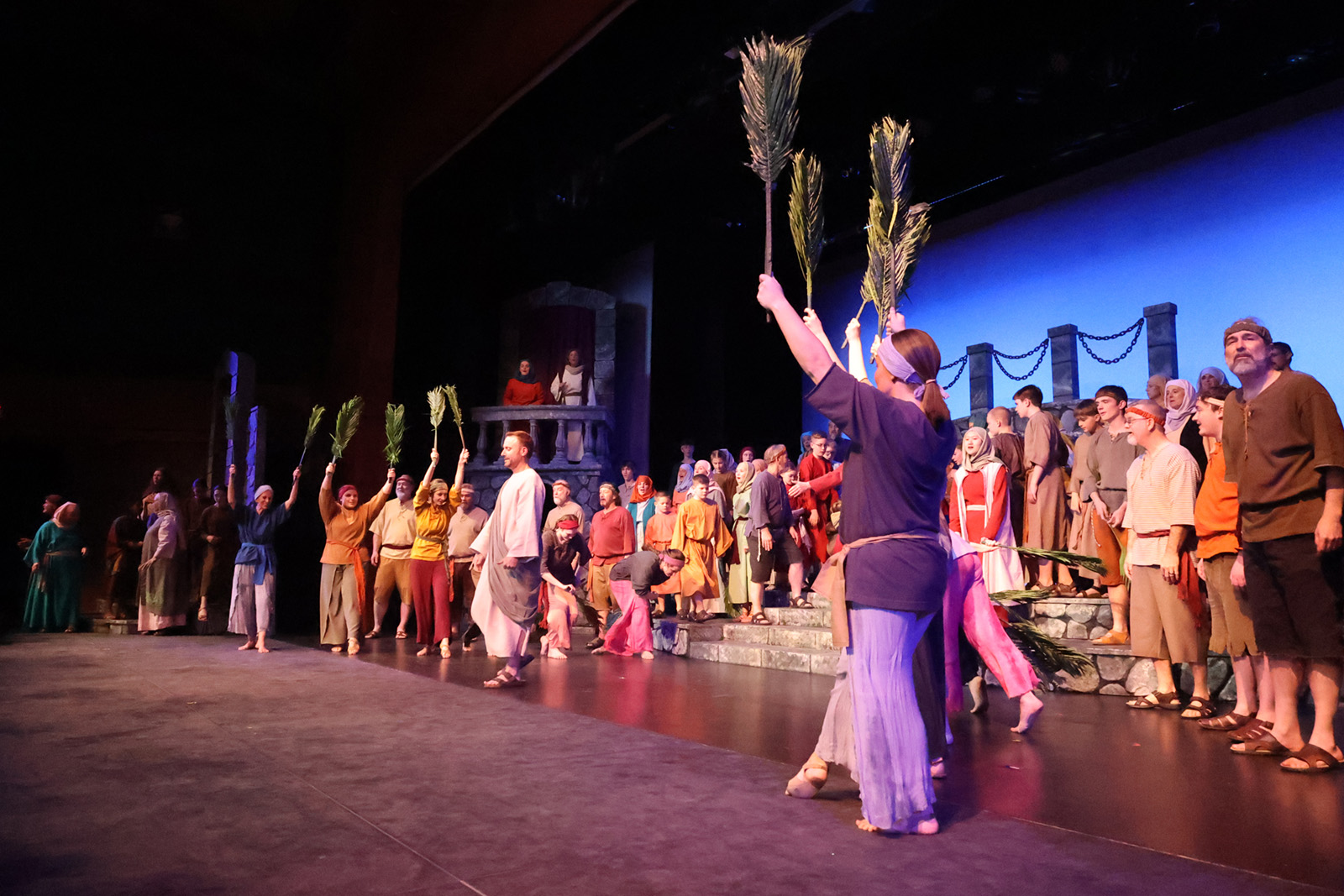 A crowd of exuberant people wave palms as they greet Jesus.